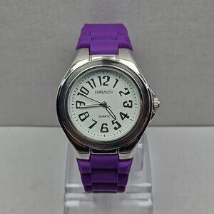Womens Embassy By Gruen Silver Tone Purple Watch Silicone Band New Battery